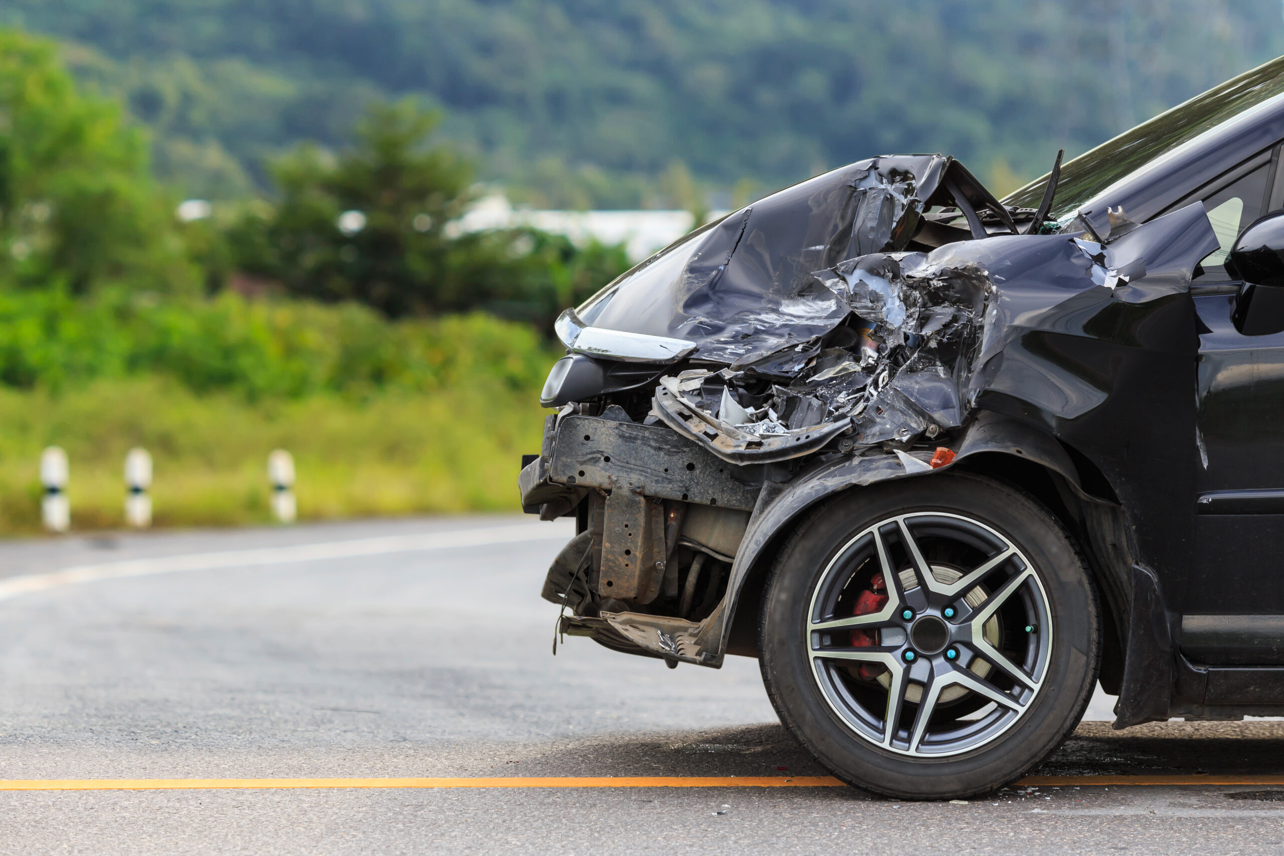 Front Black Car Get Damaged By Accident Road